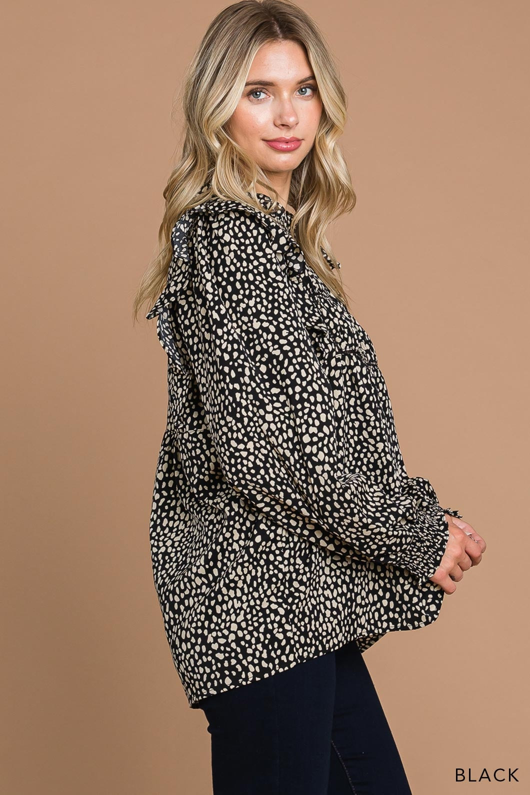 Women's Abstracted Animal Prints Ruffle Shoulder Top - Black — alternate view 3