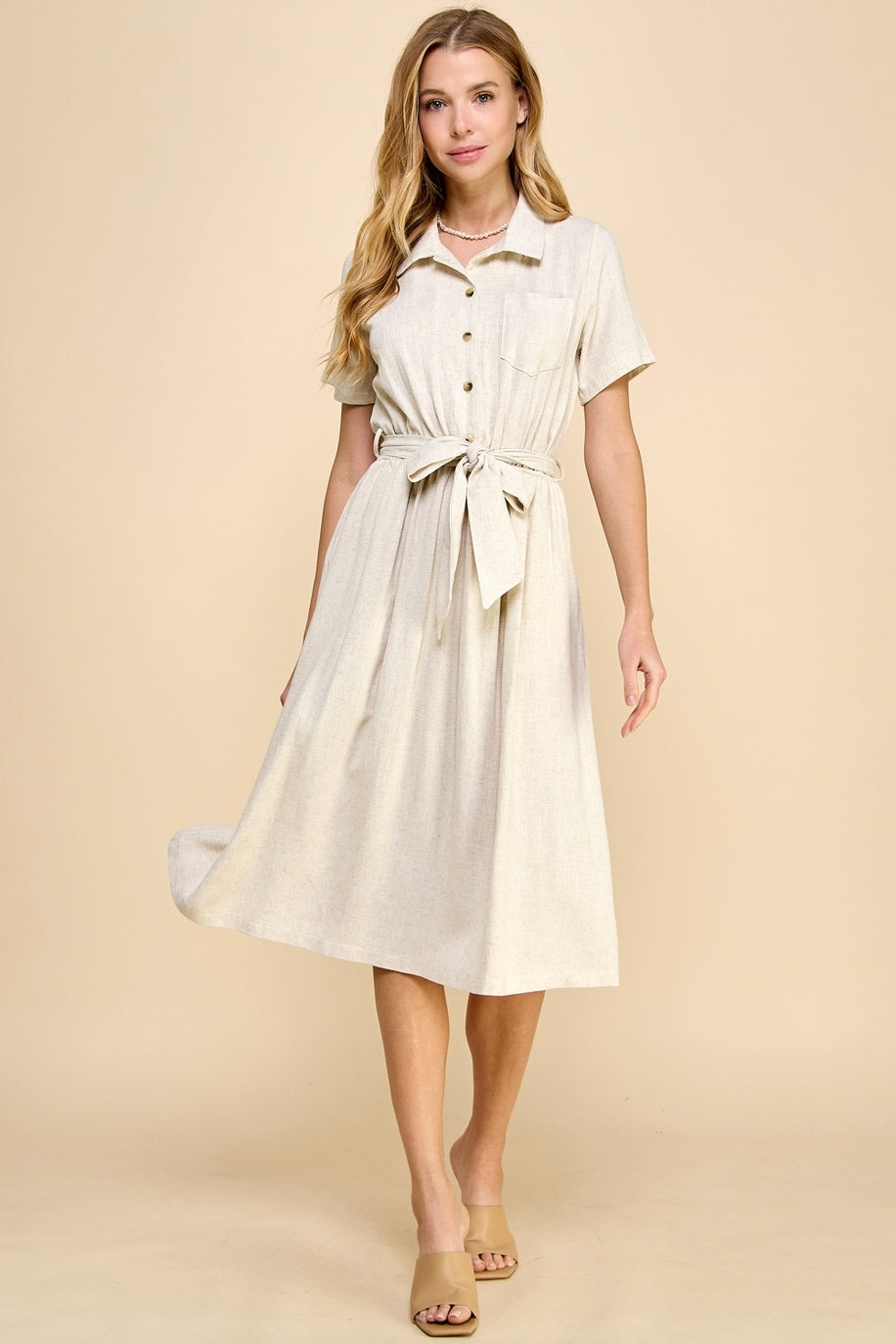Linen Dress with Pockets and Waist Tie Detail — alternate view 2