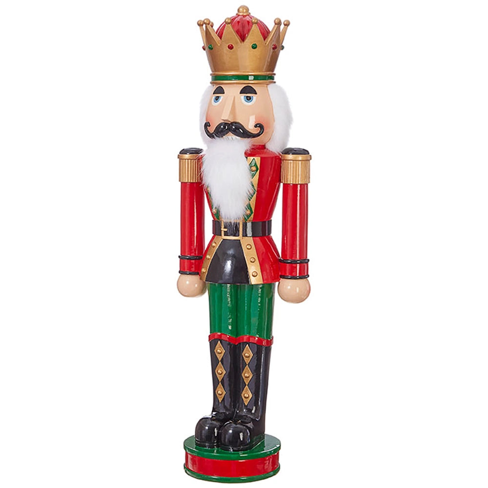 A 29-inch nutcracker king figure in a red uniform, green pants, black boots, and gold crown against a white background.