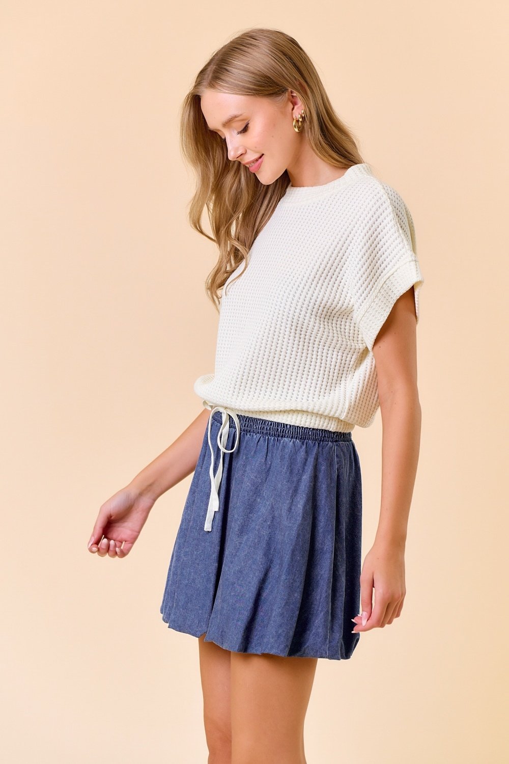 Cotton Waffle Dolman Sleeve Drawstring Hem Top — alternate view 3