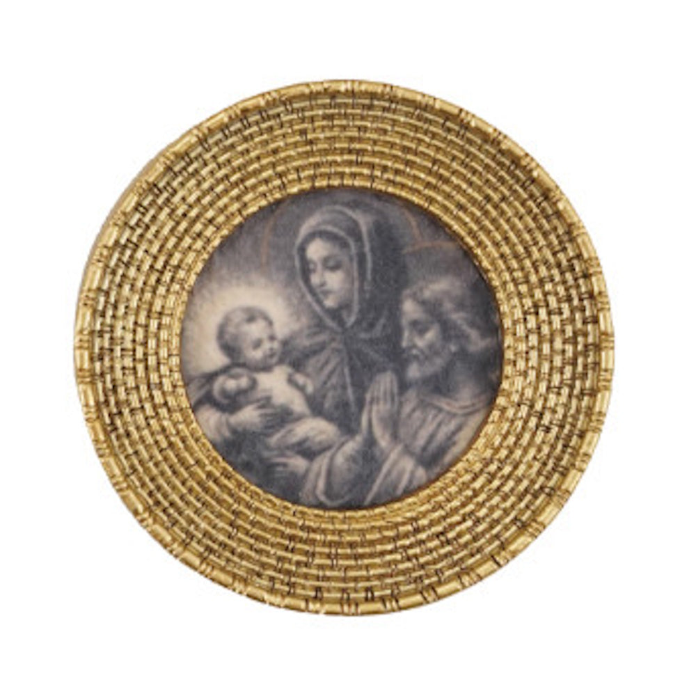 Circular gold woven-textured frame featuring vintage black-and-white artwork of the Holy Family.