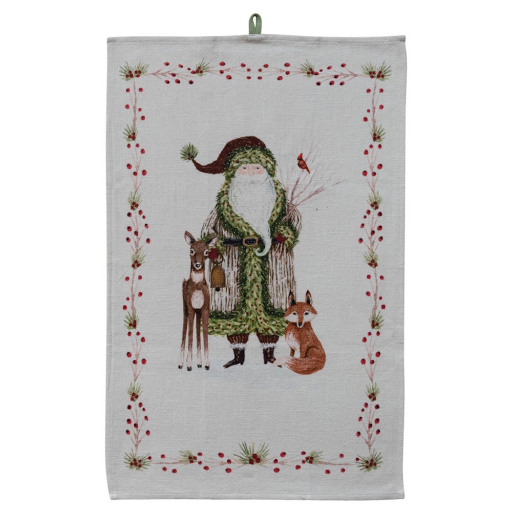 Cotton slub printed Christmas tea towel featuring a Santa design accompanied by a fawn and a fox within a festive berry border.