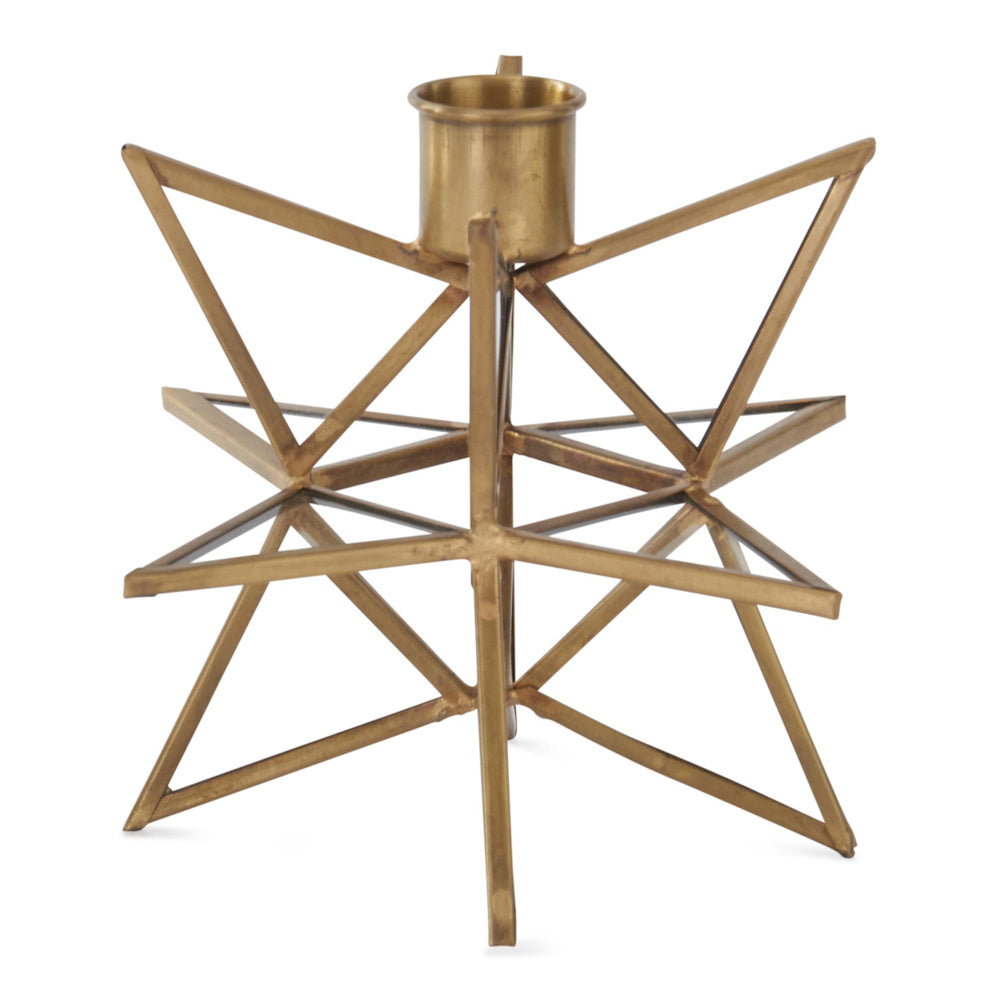 A three-dimensional gold metal star-shaped taper candle holder with glass inserts on a white background.