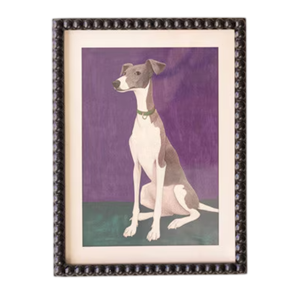 Framed print under glass featuring a seated grey and white hound against a purple background.