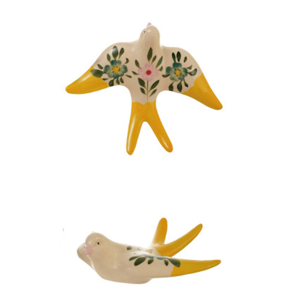 Two views of a hand-painted ceramic bird wall hanging with yellow wings and a floral pattern.