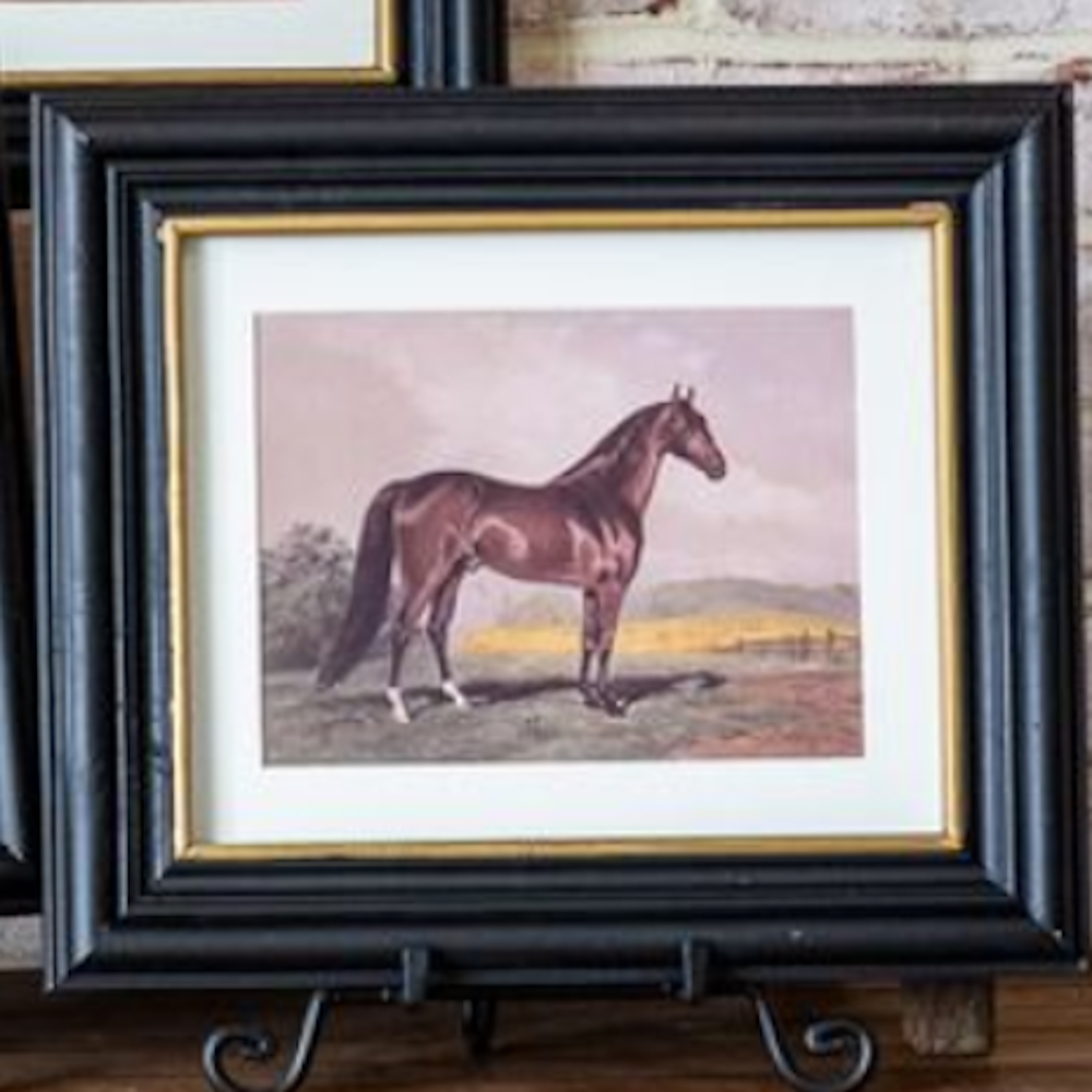 Framed chestnut horse portrait in a black frame with gold inner trim, sitting on an easel.