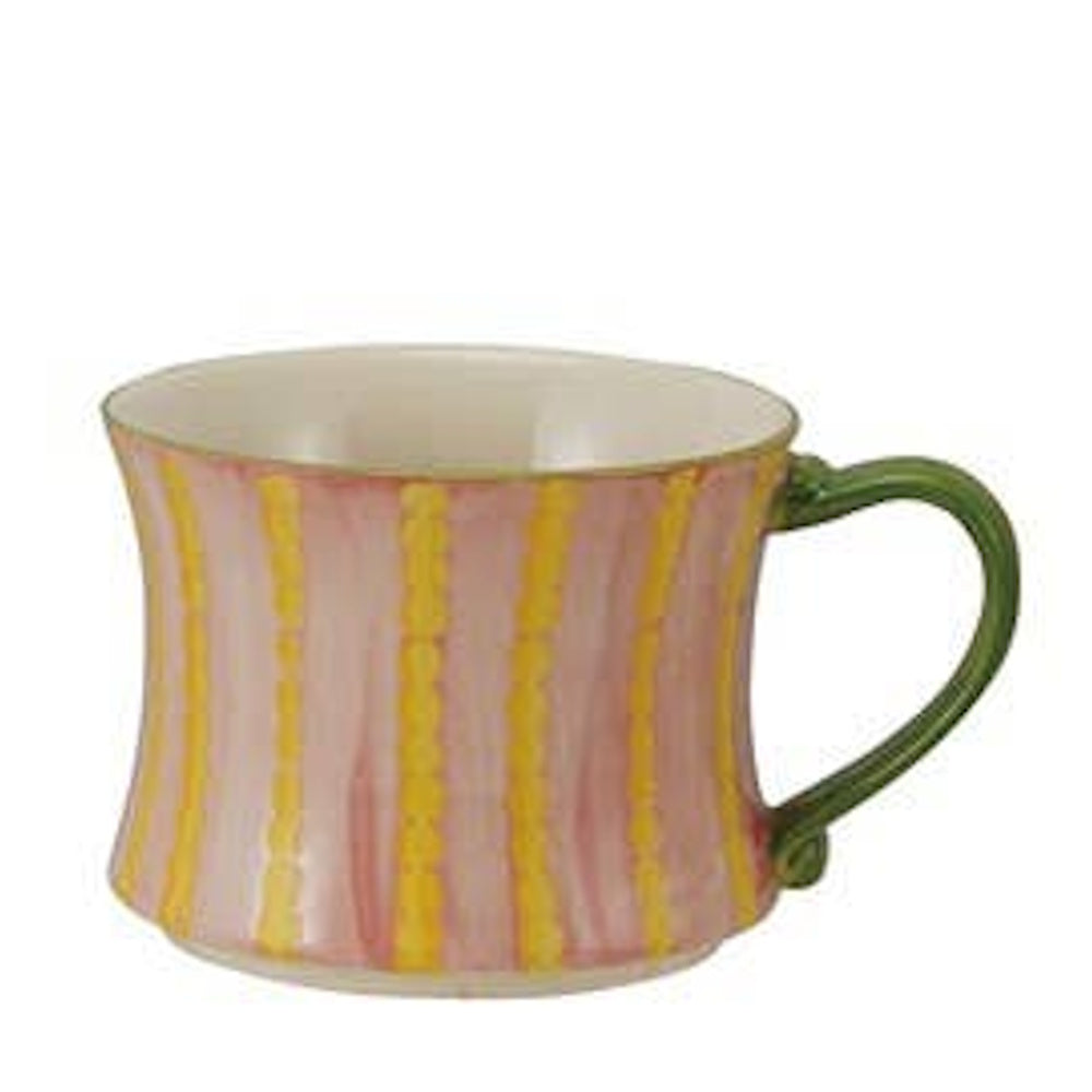 Hand-painted stoneware mug with pink and yellow vertical stripes and a green handle.