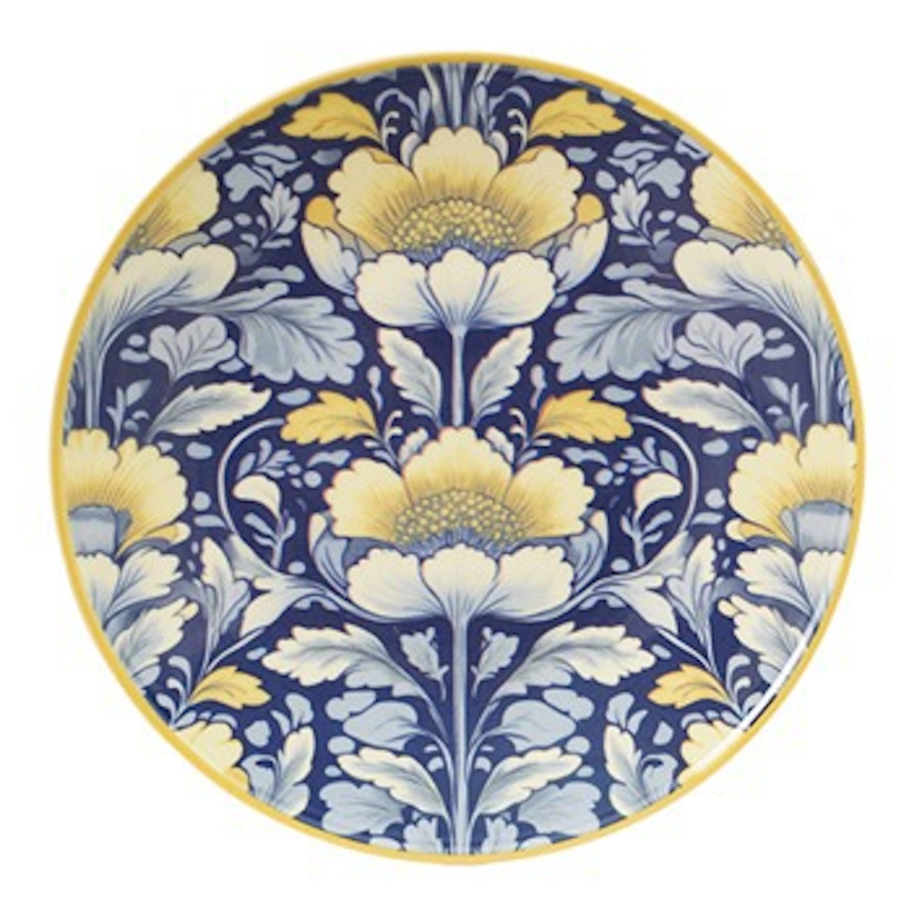 A round ceramic plate featuring an intricate blue, white, and yellow botanical floral pattern with a yellow rim.
