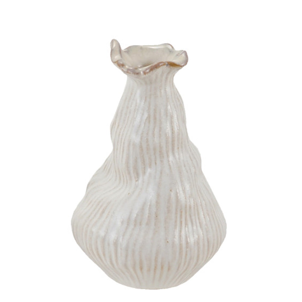 An organic-shaped, ribbed white stoneware vase with a flared rim on a white background.