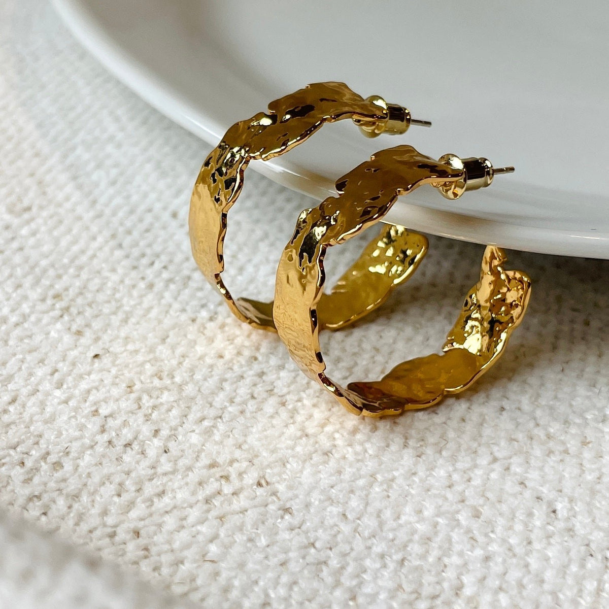 Vintage Gold Hammered Irregular Hoop Earrings