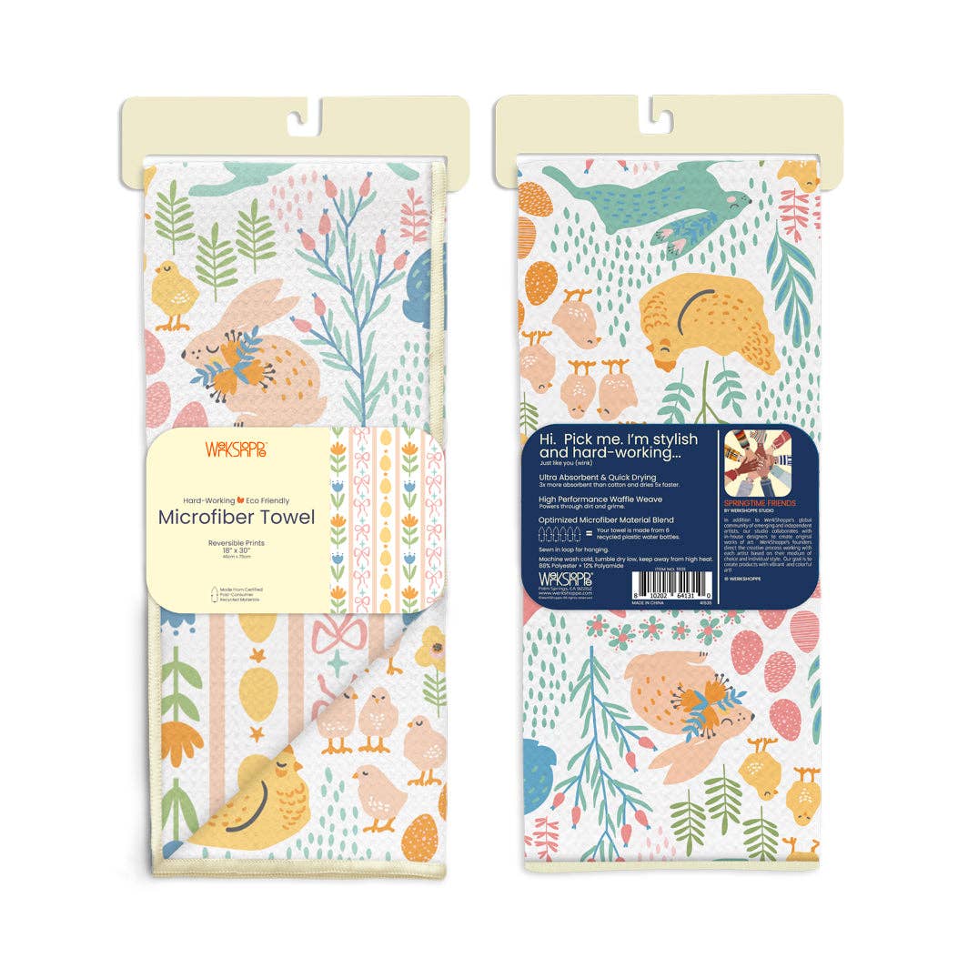 Two packages of microfiber towels with animal-themed designs on a white background