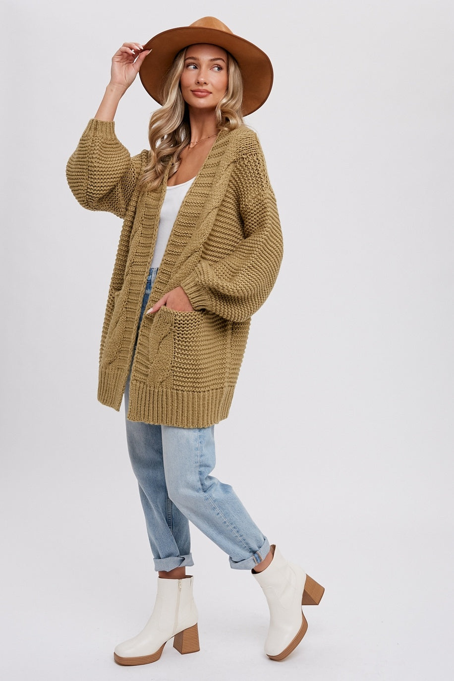 Chunky Cable Lantern Sleeve Cardigan — alternate view 8