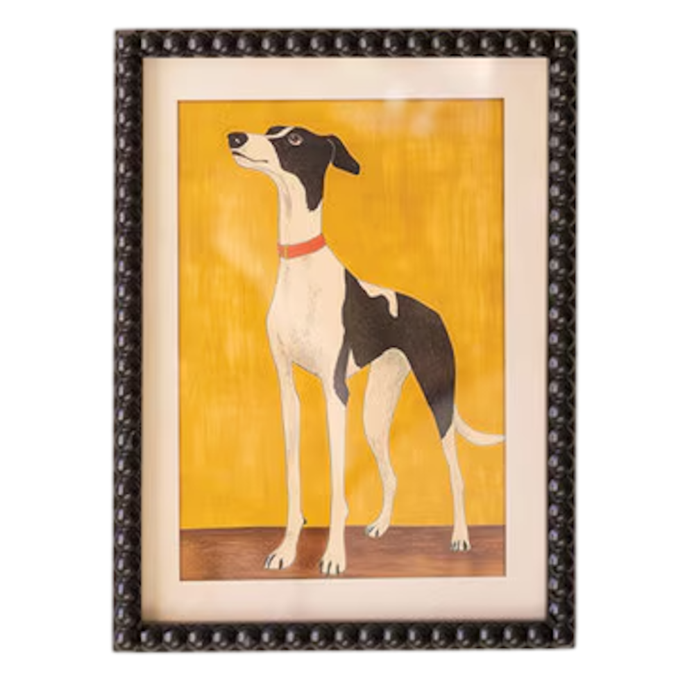 Framed print under glass featuring a standing black and white hound with a red collar on yellow backdrop.