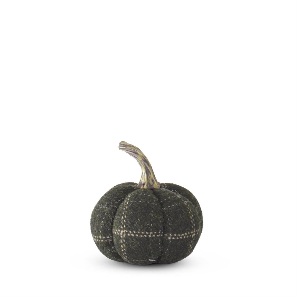 Small, dark green plaid fabric pumpkin decoration with a curved brown stem on a solid white background.