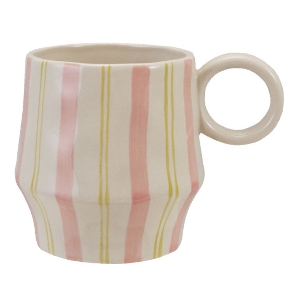 Hand-painted ceramic mug with vertical pink stripes, thin yellow pinstripes, and a cream ring handle.