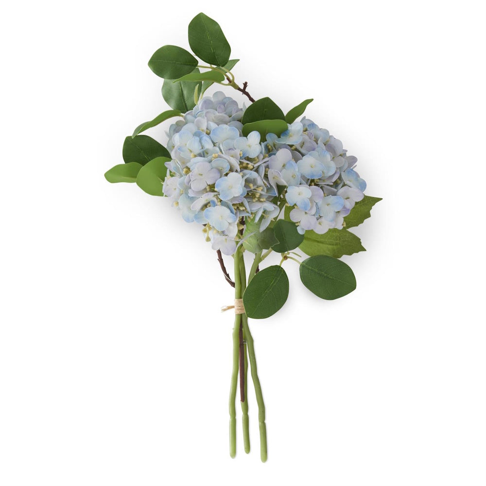 Bundle of four light blue real touch hydrangea stems with green leaves, tied with twine for home floral decor.