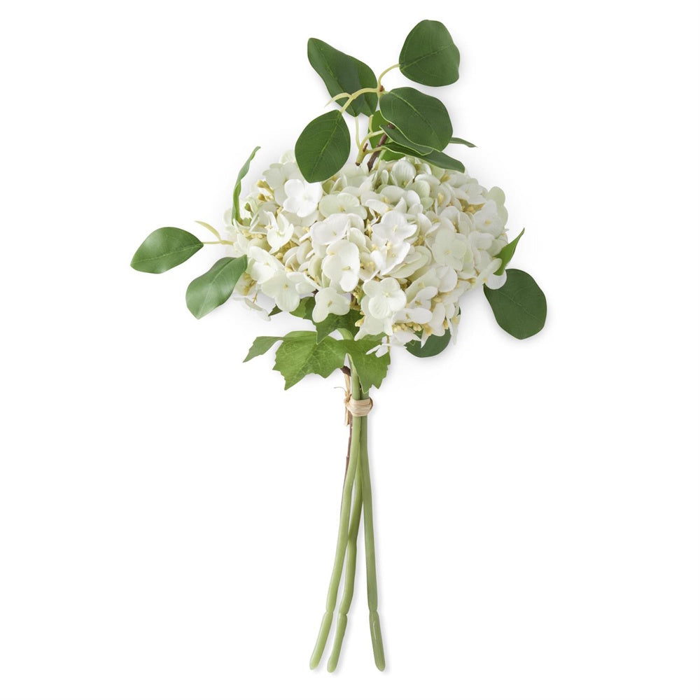 4-stem real touch white hydrangea bundle with green leaves for home decor and floral arrangements.
