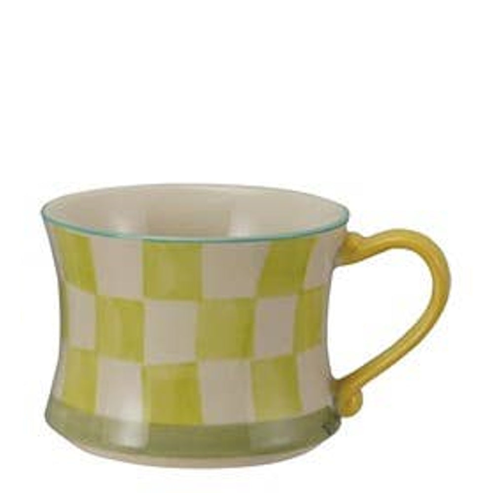 Stoneware mug featuring a yellow-green and cream checkered pattern with a yellow loop handle.