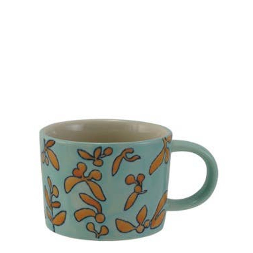 Light blue ceramic mug decorated with an orange floral botanical pattern and matching curved handle.