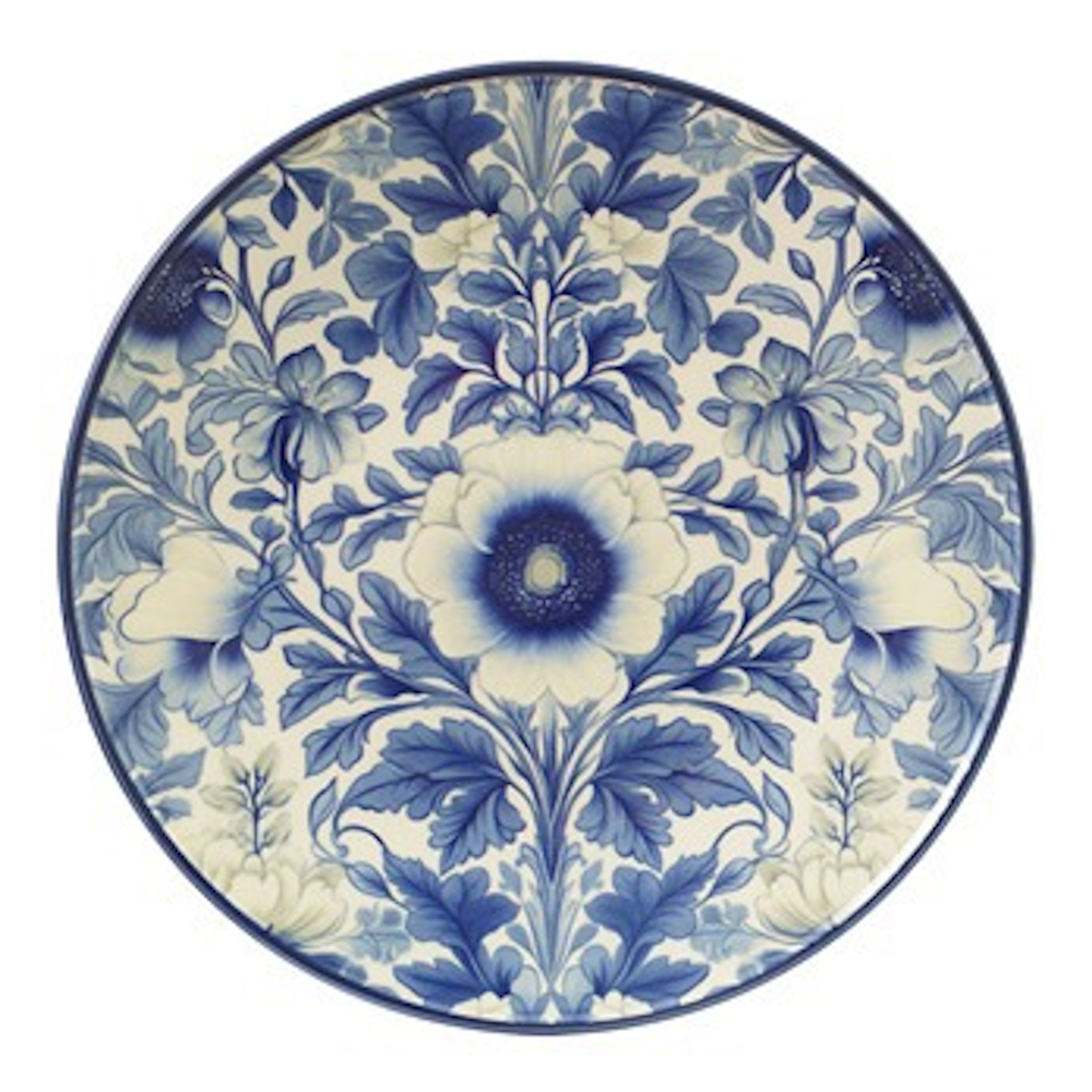 Round ceramic plate featuring an intricate blue and white botanical floral design.