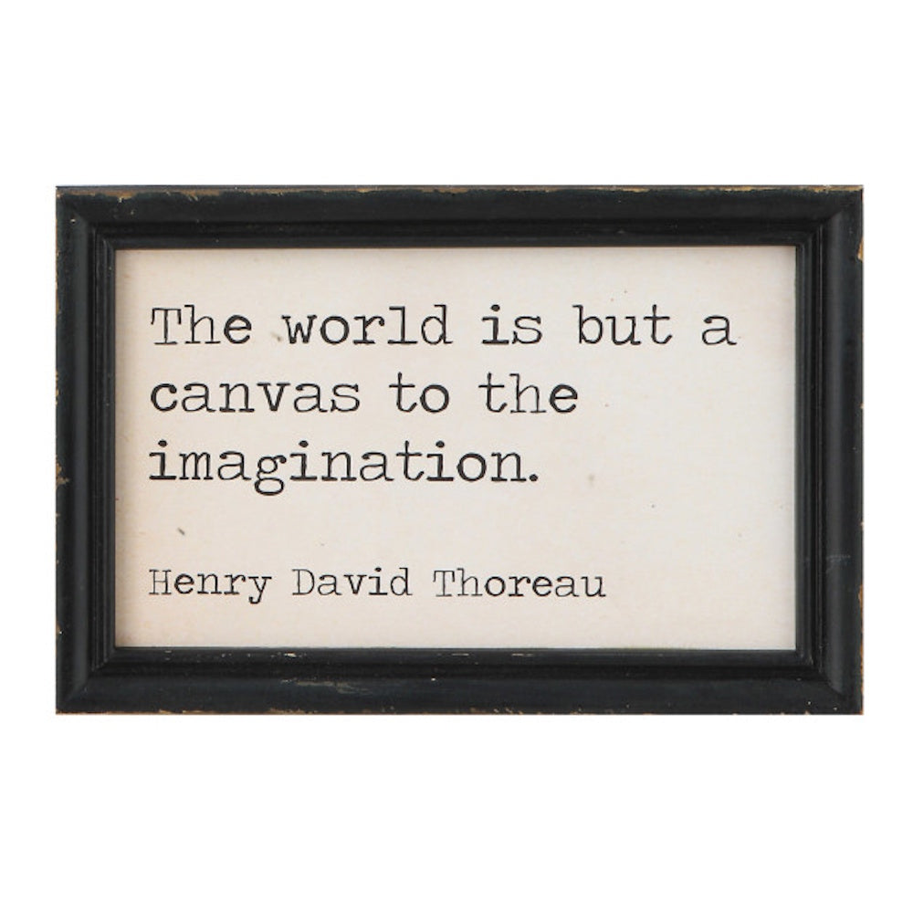 "Henry David Thoreau quote 'The world is but a canvas to the imagination' in a black wooden frame."