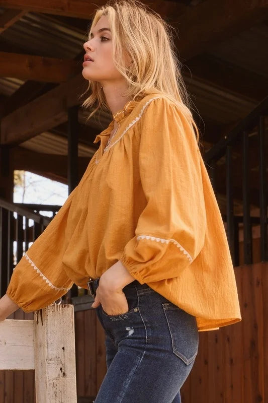 Embroidery Ruffle Neckline Blouse