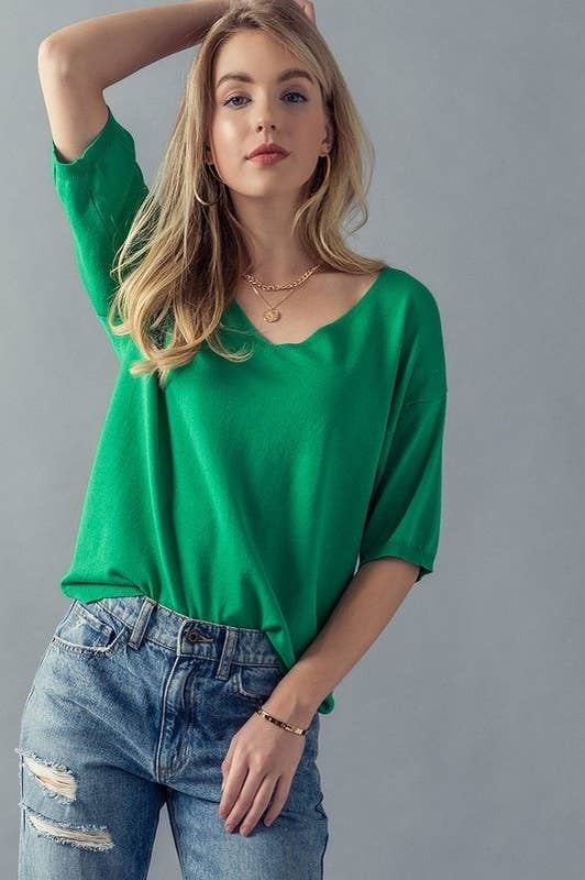 Basic Elbow Sleeve V-Neck Tunic Knit Top — alternate view 3