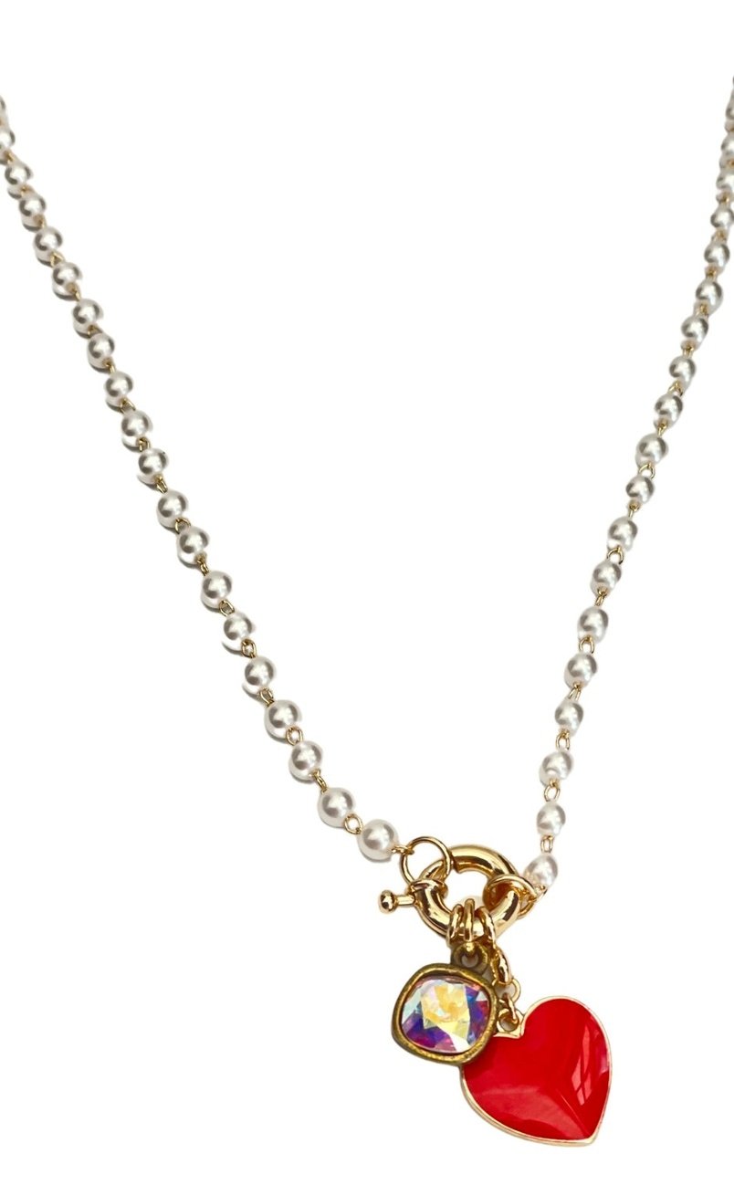 Red Enamel Heart Necklace, Austrian Crystal