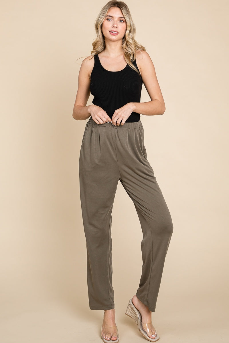 Elastic Waist Band Straight Leg Pants - Olive — alternate view 3
