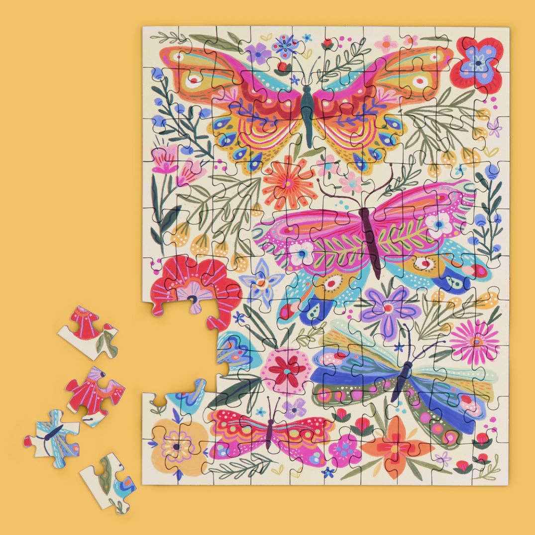 Colorful butterfly and floral puzzle on a yellow background