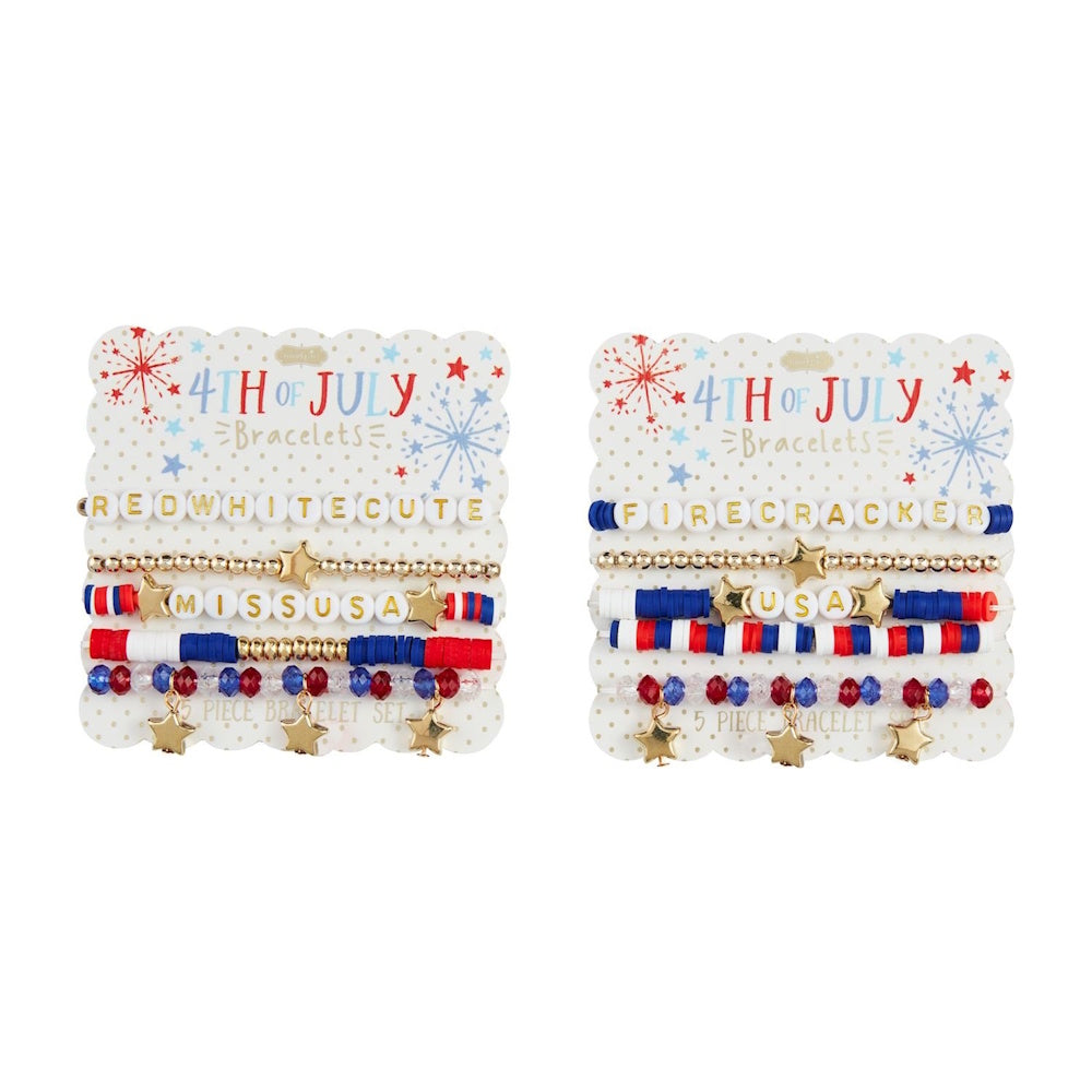 Two carded 5-piece bracelet sets for the 4th of July, featuring red, white, and blue beads with gold star charms.