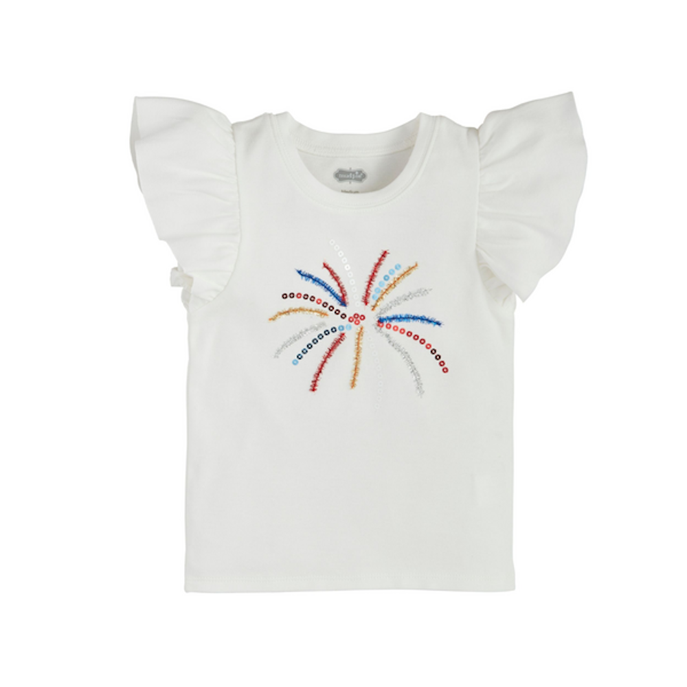 White flutter-sleeve shirt for children featuring a colorful tinsel and sequin firework design on the front.