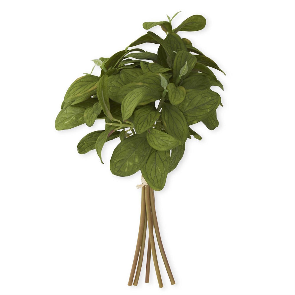 Artificial green oregano bunch with textured oval leaves and long stems on a white background.