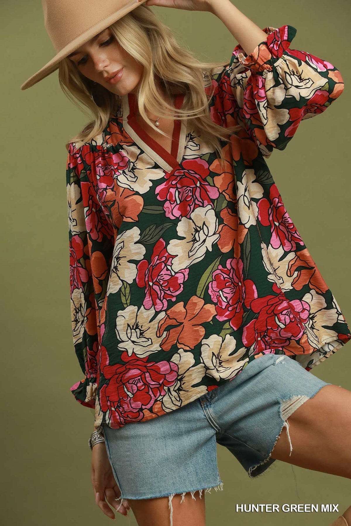 Hunter Green Floral Split-Neck Blouse — alternate view 4