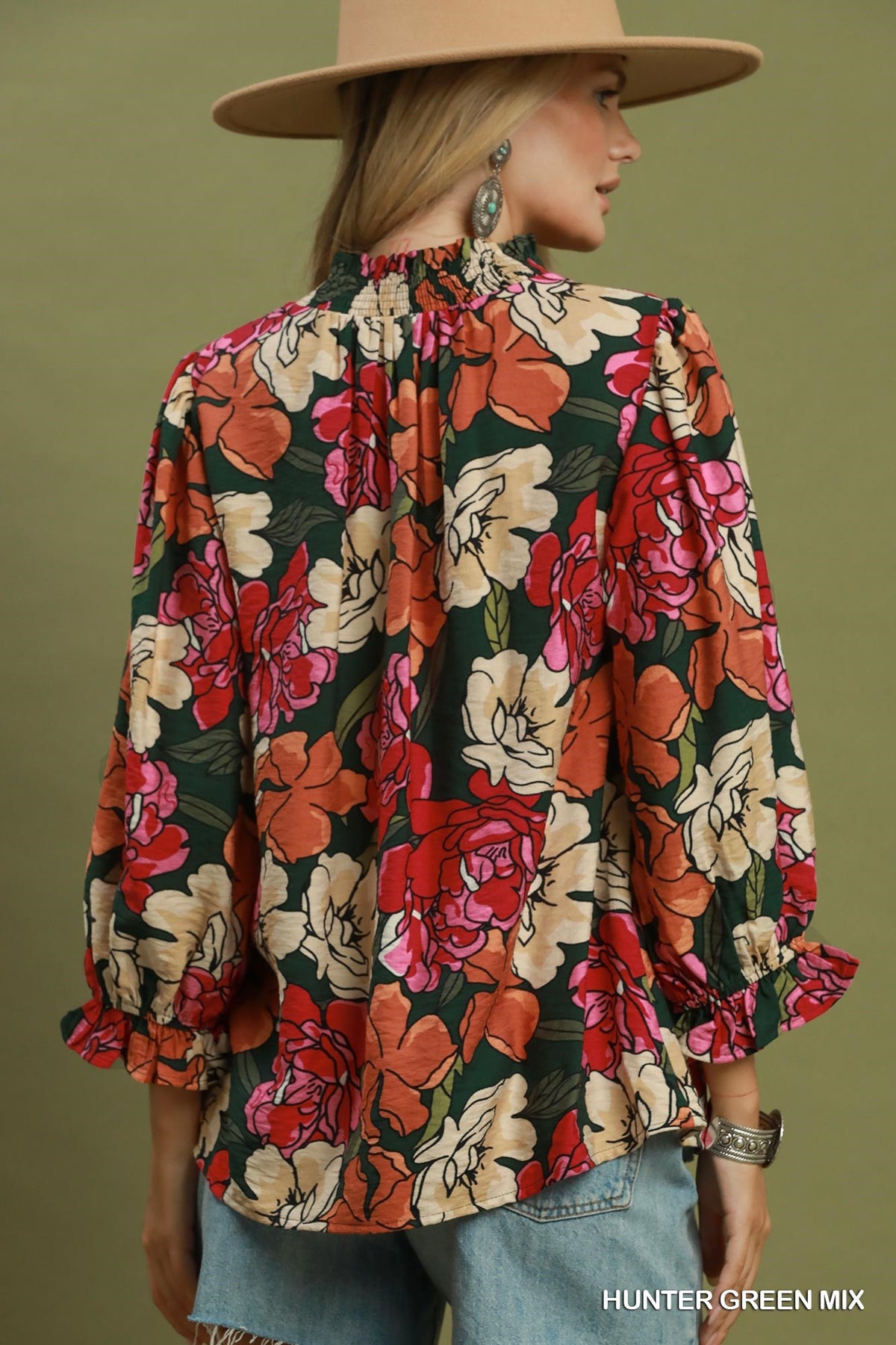 Hunter Green Floral Split-Neck Blouse — alternate view 2