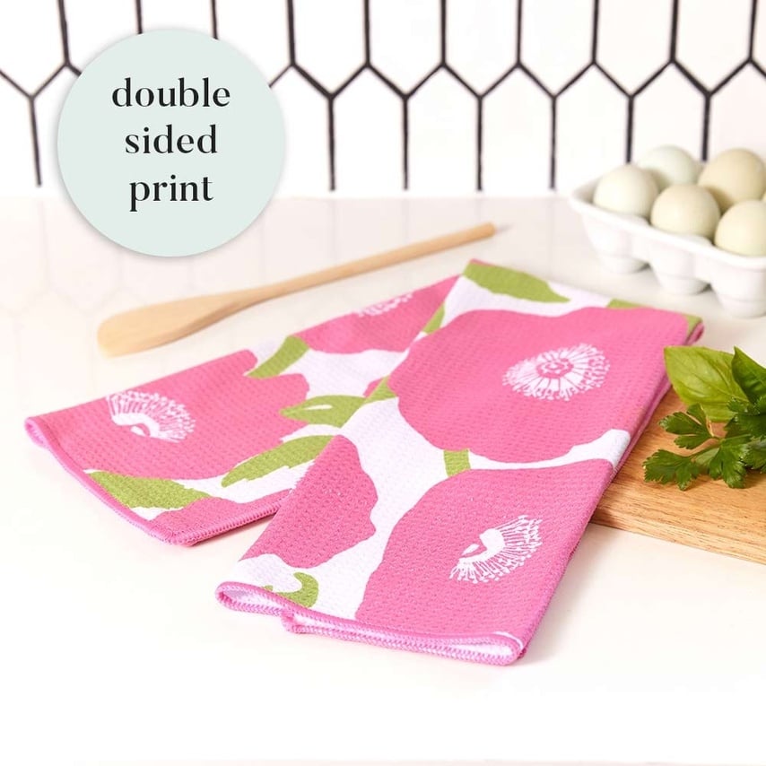 Pink Poppies Blu Kitchen Tea Towel