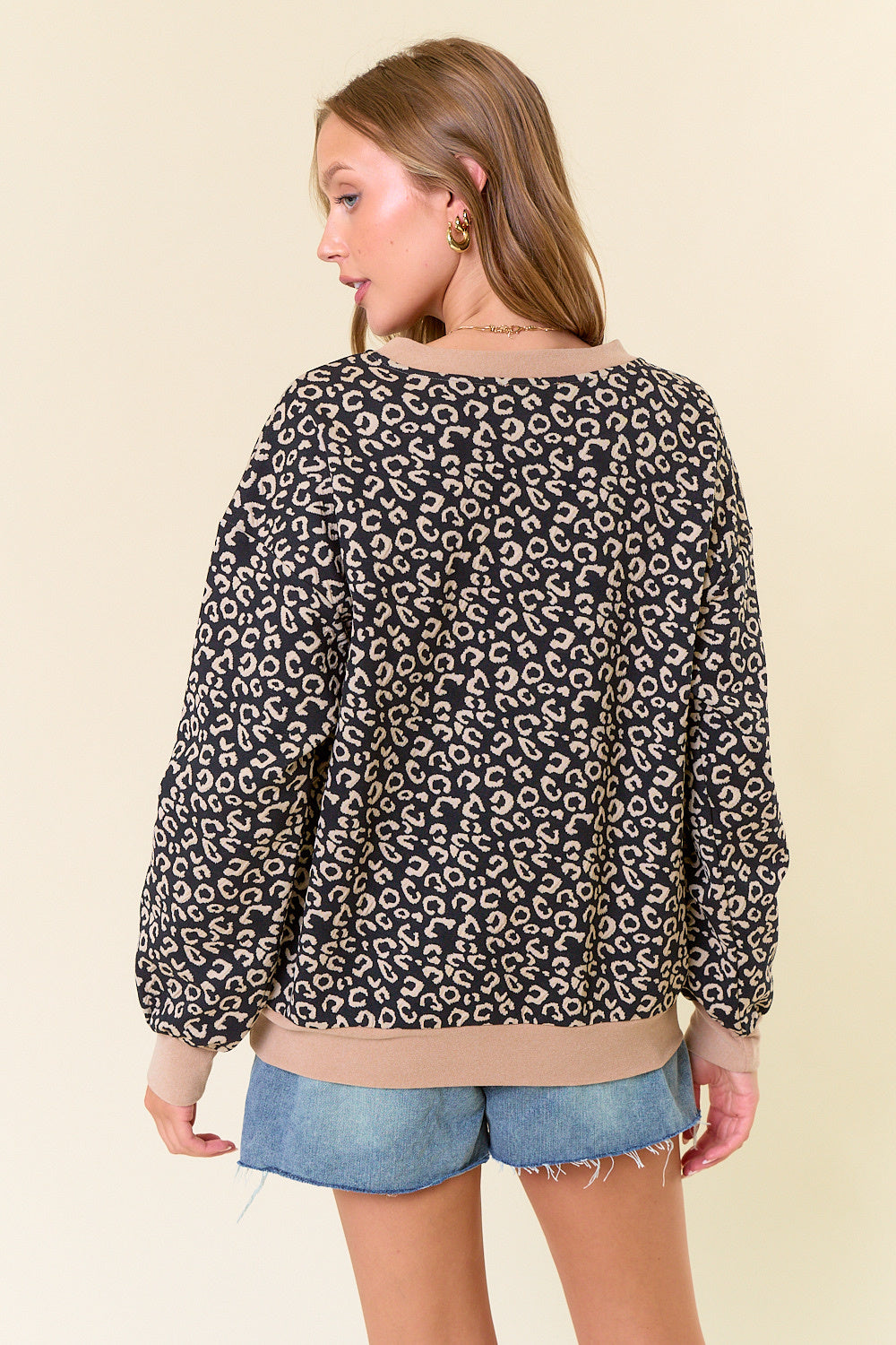 Leopard Jacquard Half Snap Button-Down Sweatshirt Black — alternate view 2