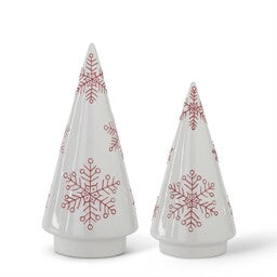Small White Ceramic Cone Tree With Red Snowflakes