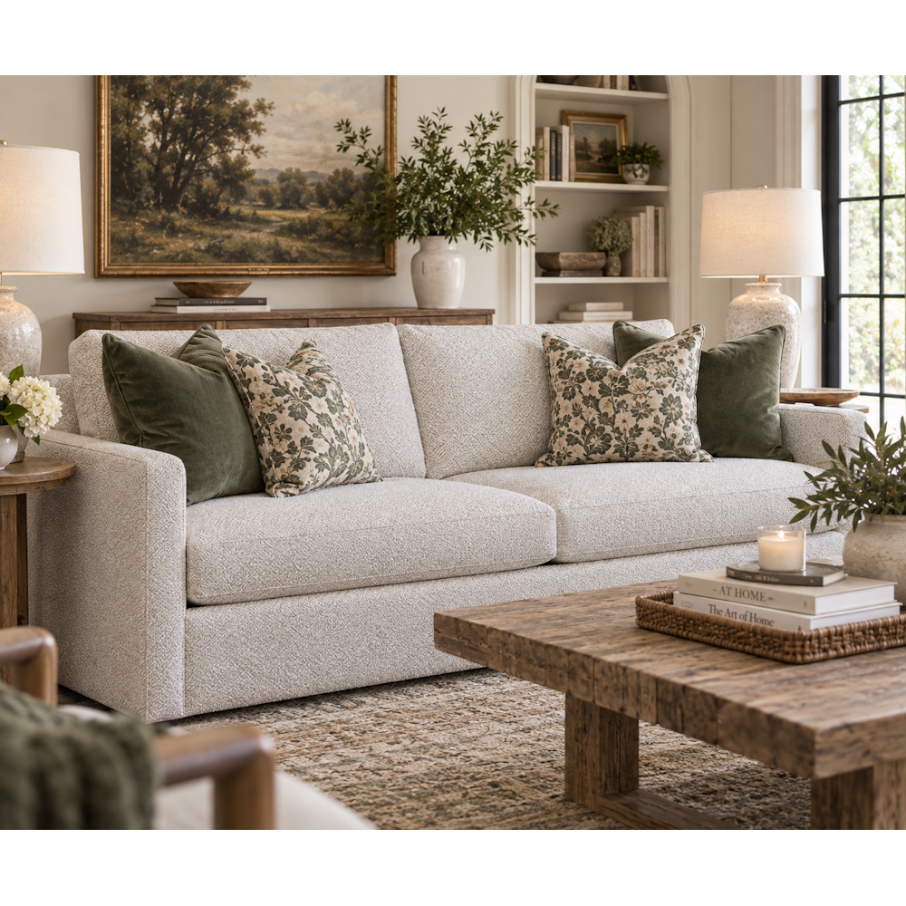 Cozy living room featuring a patterned sofa, green pillows, wooden coffee table, and lamps in a warm setting.