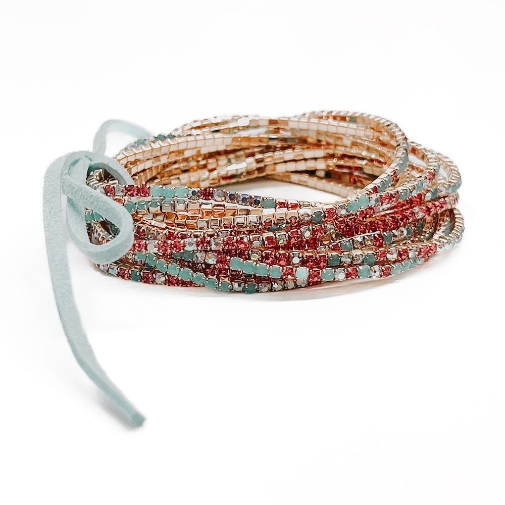 Rhinestone Stretch Bracelet Set - Teal Pink