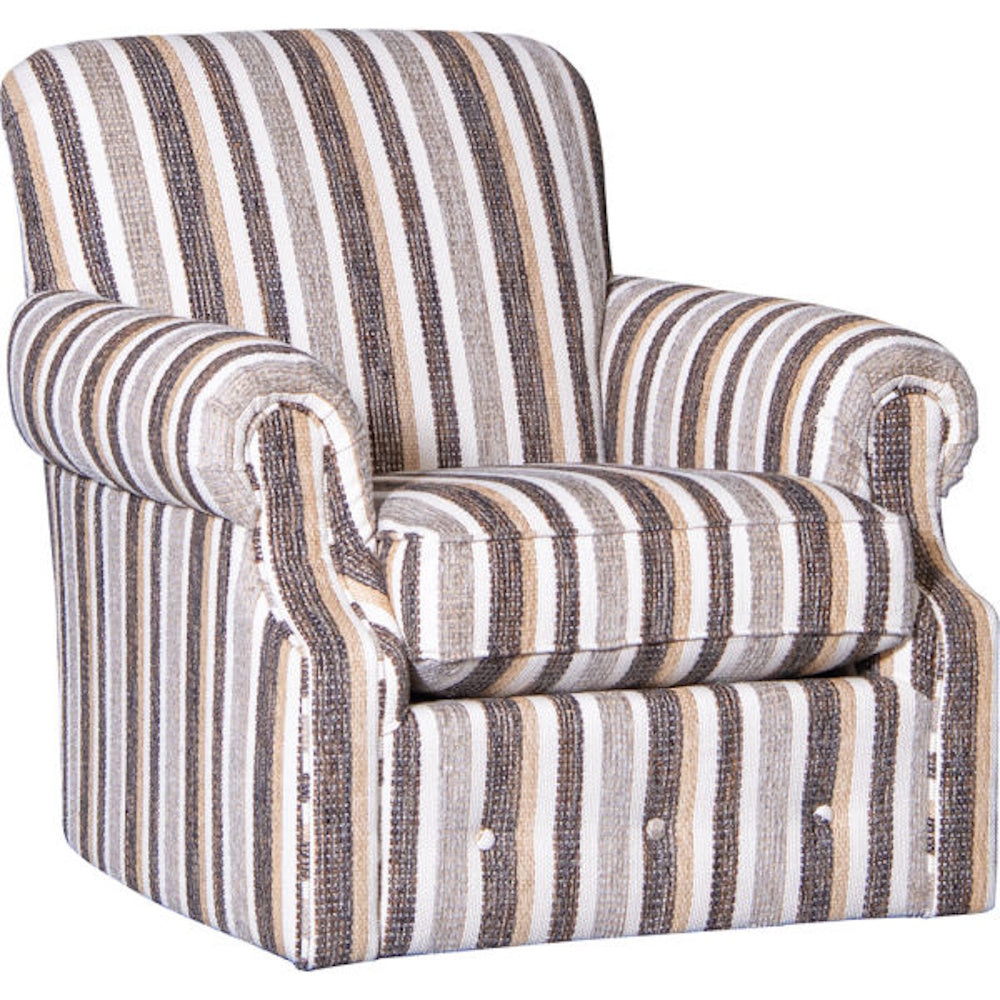 Upholstered swivel glider armchair with brown, beige, and white vertical stripes.
