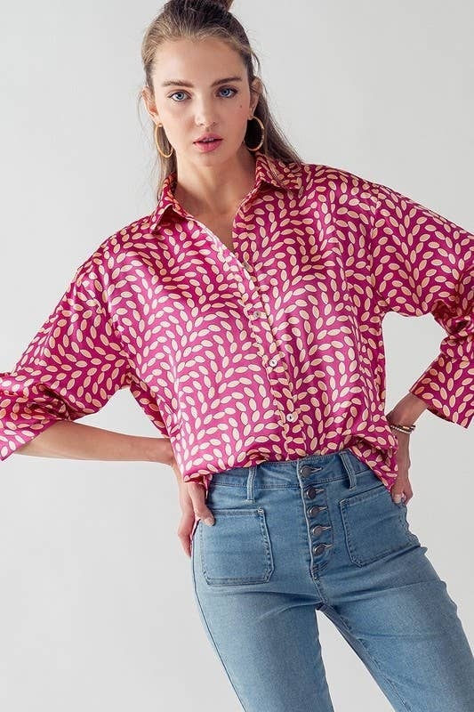 Elsie All Over Printed Button Down Top - Hot Pink — alternate view 2
