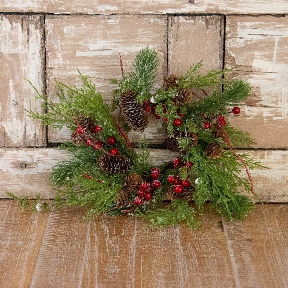Candle Ring - Iced Evergreens, Red Berries, Cones