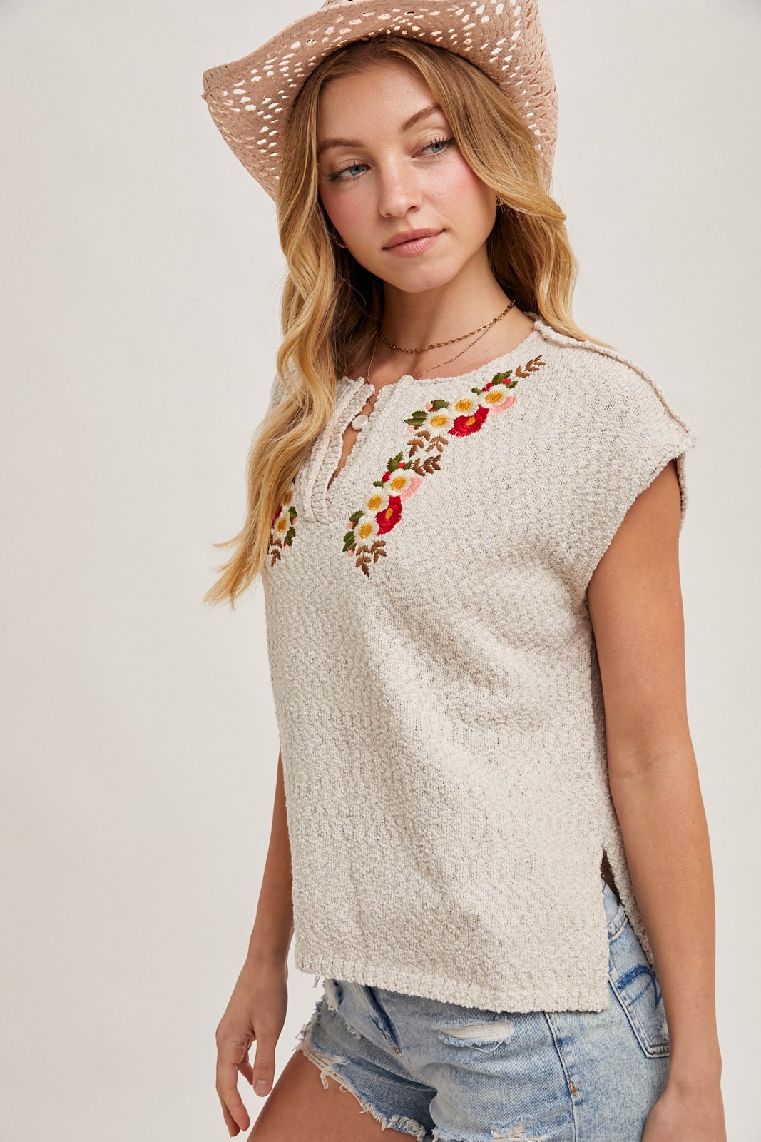 Embroidered Notch Neck Knit Top — alternate view 2