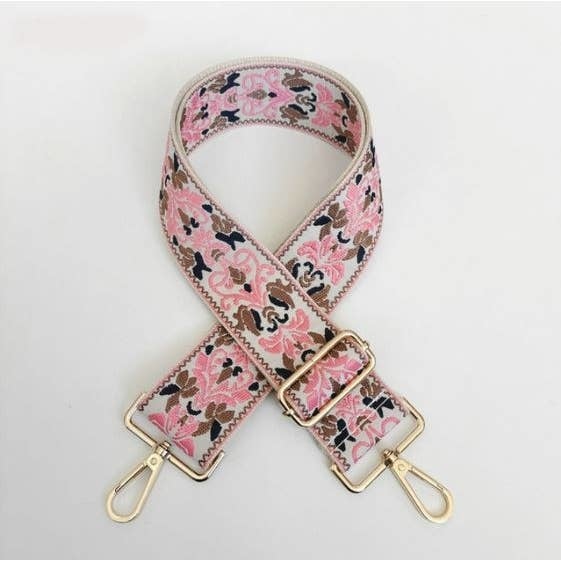 Pink and Caramel Embroidered Guitar Strap