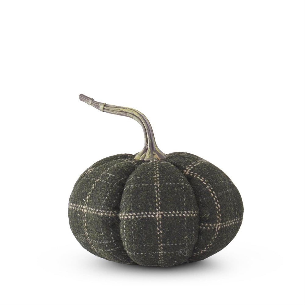 A dark green fabric pumpkin with a light-colored plaid pattern and a curved stem on white background.