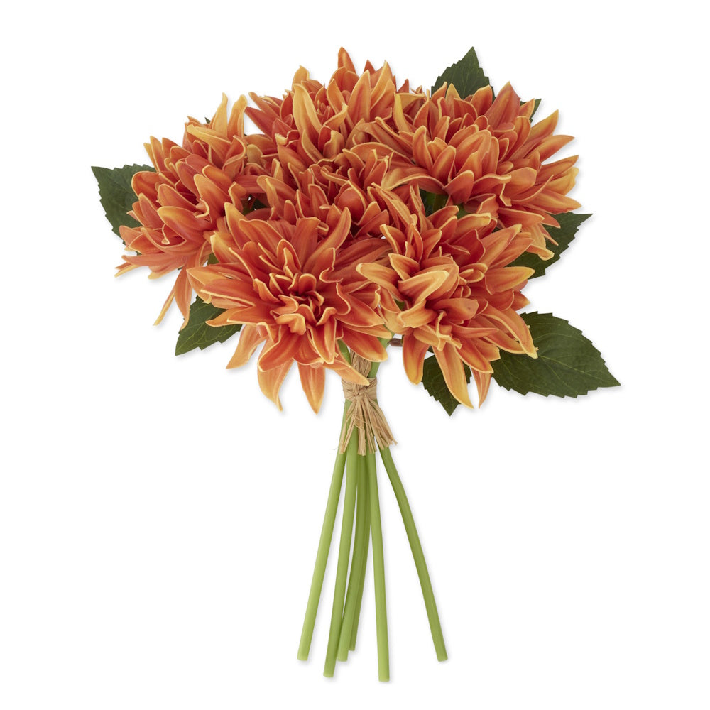 Bundle of artificial rust-orange dahlia flowers tied together at the green stems with twine.