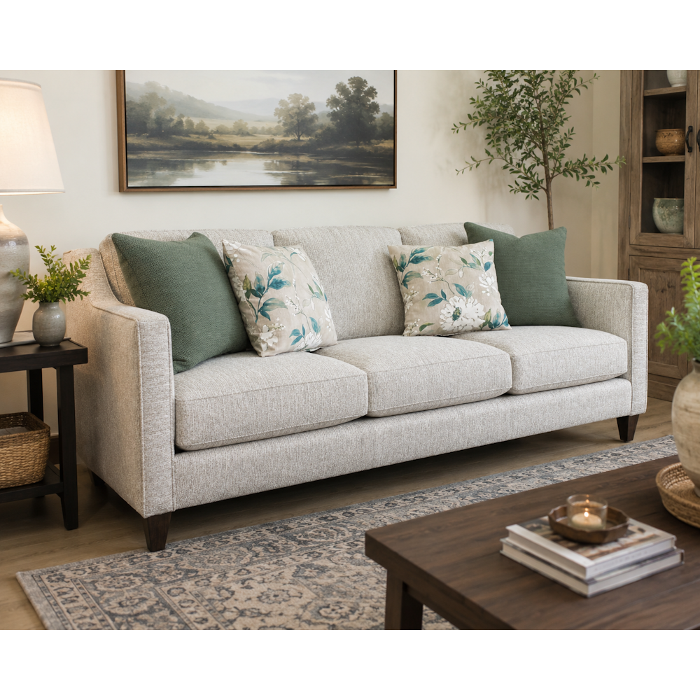 White textured fabric sofa styled in living room with green and floral pillows, track arms and dark legs.