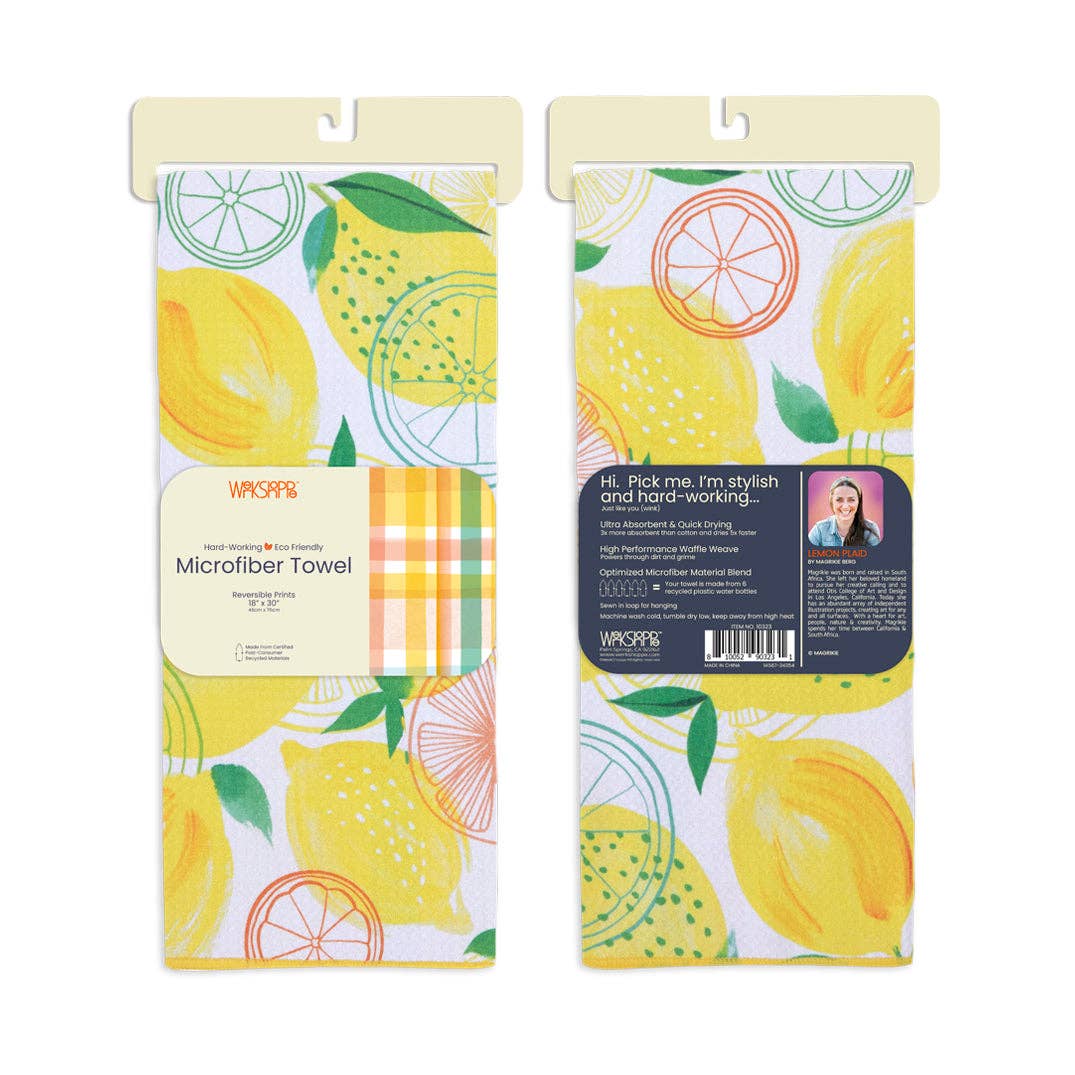 Two packages of microfiber towels with lemon design on a white background