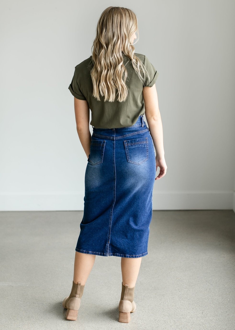Greta Medium Wash Midi Denim Skirt — alternate view 4